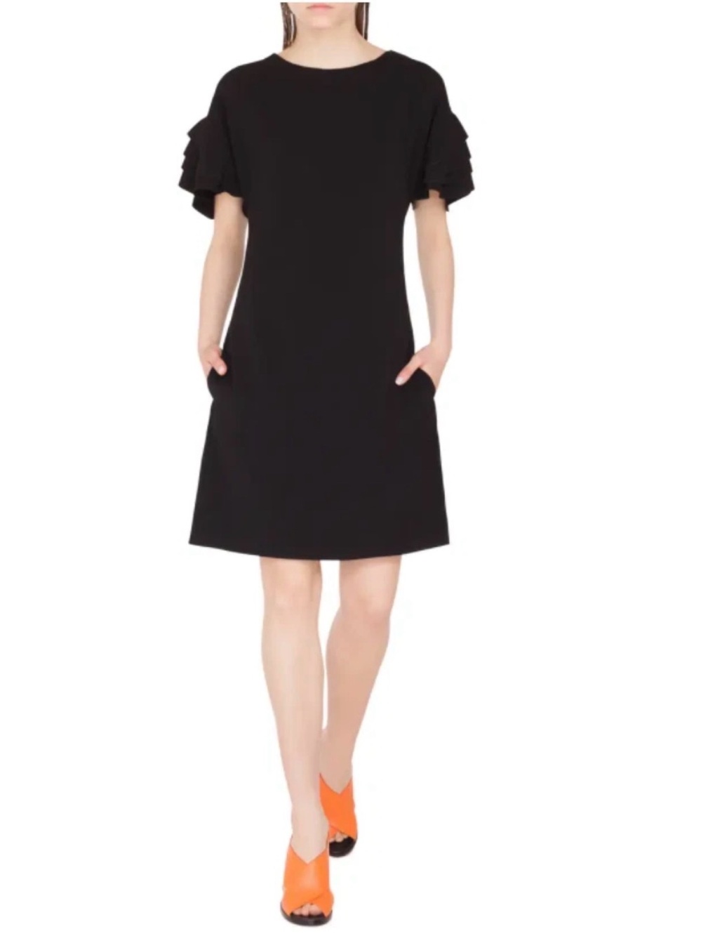 Akris Punto Black Layered Sleeve Dress Laser Cut Ruffle Size 10